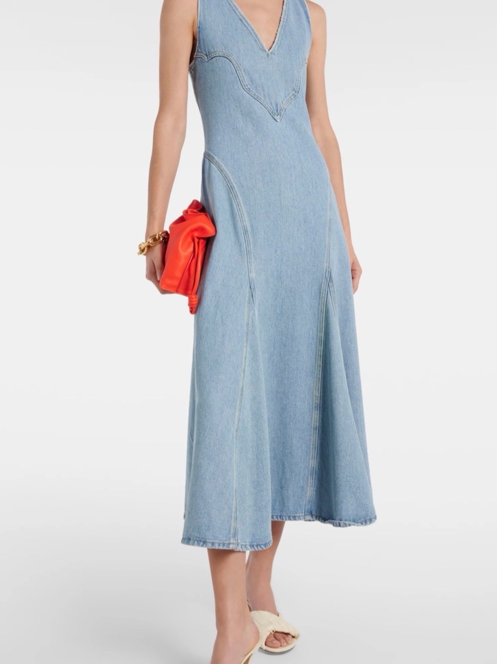 Re/done Western Light Blue Denim V-Neck Midi Dress - Women